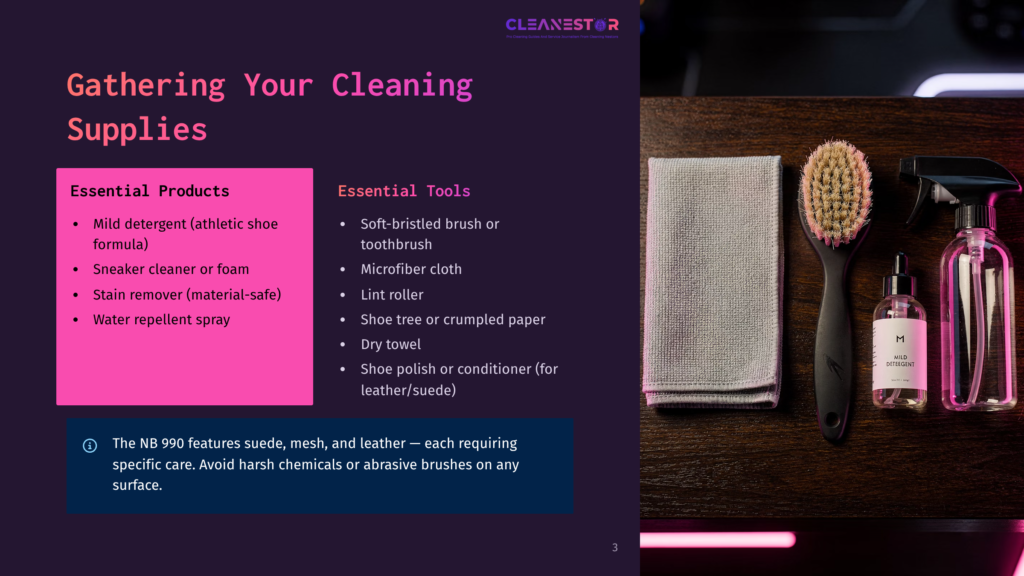 3 Gathering Your Cleaning Supplies 3 A Collection Of Shoe Cleaning Supplies, Including A Spray Bottle Labeled &Quot;Mild Detergent,&Quot; A Soft Brush, And A Microfiber Cloth, Are Neatly Arranged On A Wooden Surface.