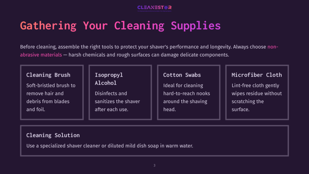 Gathering Your Cleaning Supplies: Cleaning Brush, Isopropyl Alcohol, Cotton Swabs, Microfiber Cloth, And Cleaning Solution Are Displayed In A Dark Purple Presentation With Text Detailing Their Uses For Shaver Maintenance.