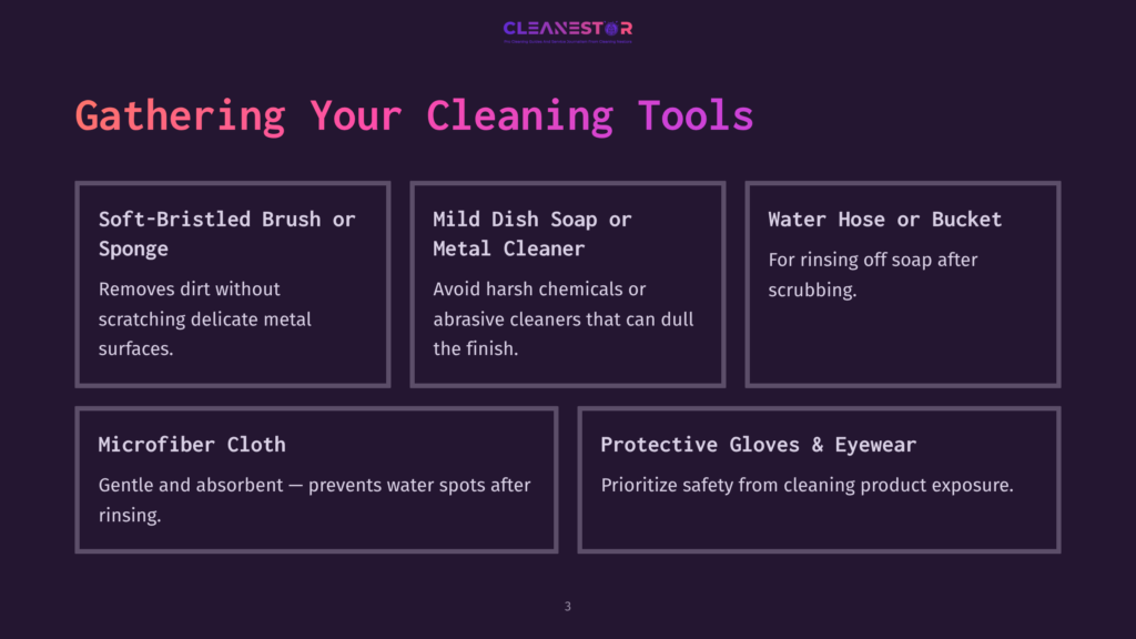 3 Gathering Your Cleaning Tools Graphic Listing Essential Cleaning Tools: Soft-Bristle Brush, Mild Dish Soap, Water Hose, Microfiber Cloth, And Protective Gloves. Text &Quot;Gathering Your Cleaning Tools&Quot; Is Prominent.