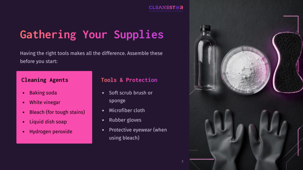 Gathering Your Supplies: A Dark Background Showcases Cleaning Agents Like Baking Soda, White Vinegar, And Hydrogen Peroxide, Alongside Tools Like A Sponge, Microfiber Cloth, And Rubber Gloves, Ready For Household Cleaning.