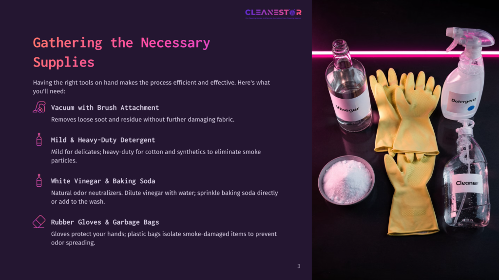 Cleaning Supplies For Smoke Damage Restoration: Rubber Gloves, White Vinegar, Baking Soda, And Heavy-Duty Detergent. Cleaning Supplies For Smoke Damage Restoration.