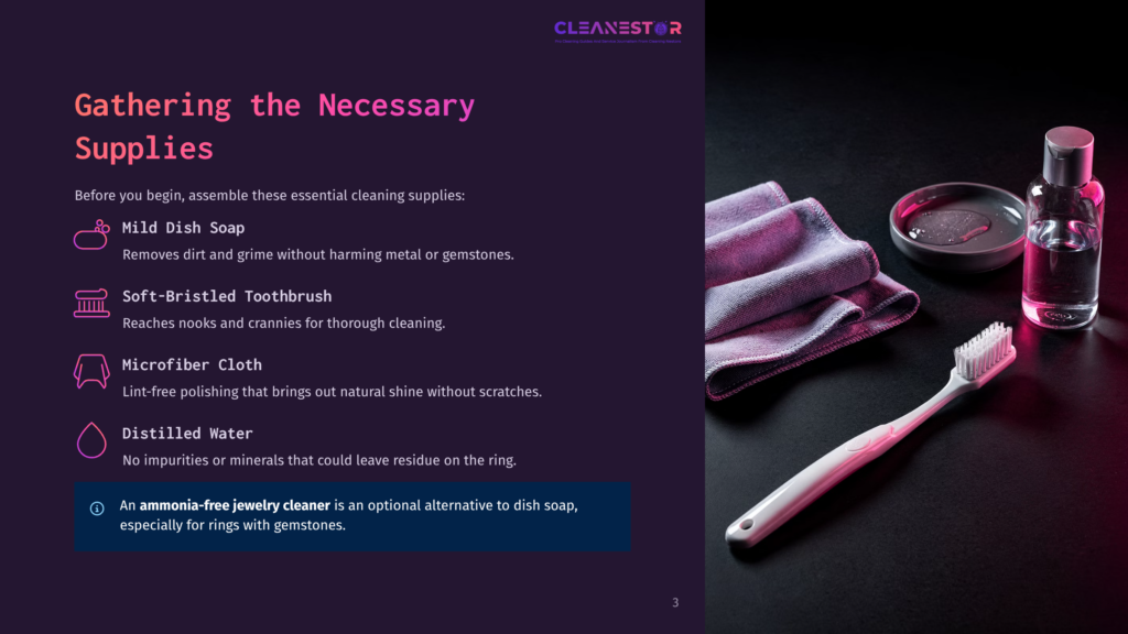 3 Gathering The Necessary Supplies 2 A White Toothbrush, A Stack Of Purple Microfiber Cloths, And A Small Dish Of Liquid Sit On A Dark Surface, With A Bottle Of Cleaning Solution In The Background. Text Reads &Quot;Gathering The Necessary Supplies&Quot;.