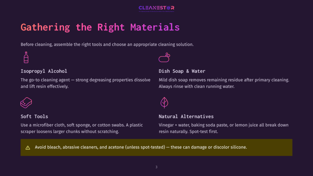 Gathering The Right Materials For Cleaning: Isopropyl Alcohol, Dish Soap &Amp; Water, Soft Tools, And Natural Alternatives Like Vinegar Or Baking Soda Are Presented With Icons. A Warning About Abrasive Cleaners And Acetone Is Displayed.