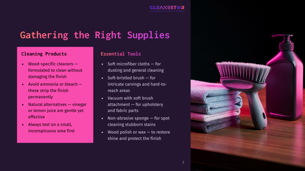 A Cleaning Brush With Soft Bristles Rests On Stacked, Folded Microfiber Cloths. A Dark Bottle With A Pump Dispenser Is Visible In The Background, Suggesting Cleaning Supplies.