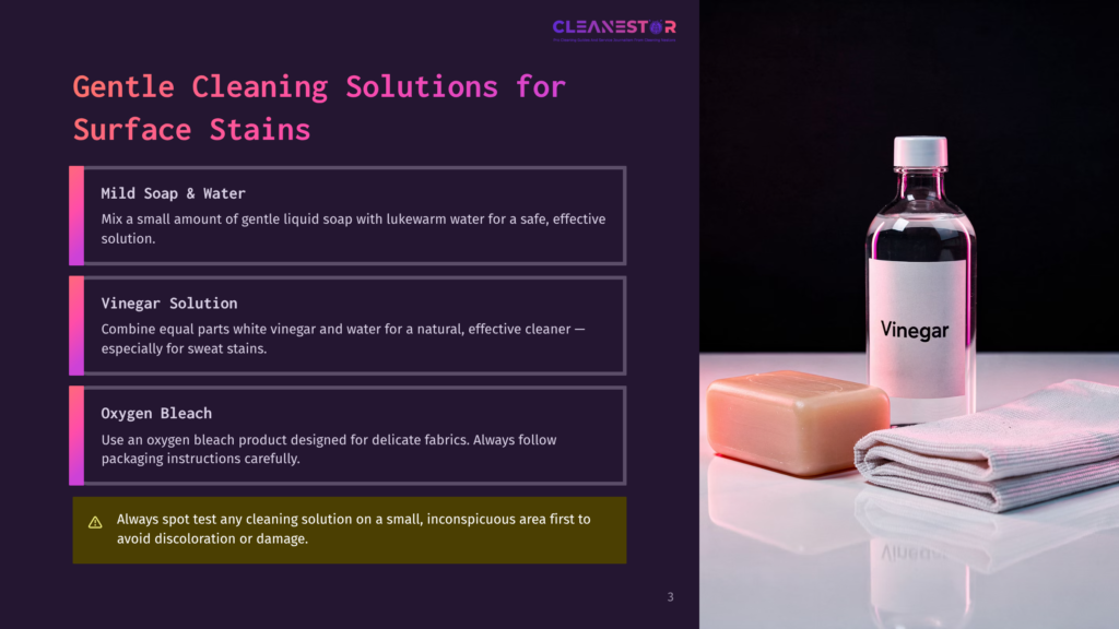 3 Gentle Cleaning Solutions For Surface Stains Gentle Cleaning Solutions For Surface Stains: Mild Soap And Water, Vinegar Solution, And Oxygen Bleach Are Presented Alongside A Bar Of Soap, A Cloth, And A Bottle Of Vinegar.