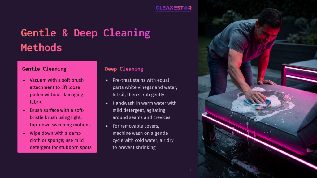 Man In Grey T-Shirt Deep Cleaning Outdoor Furniture Cushion With A Sponge And Soap Suds, Illuminated By Pink Led Lights.