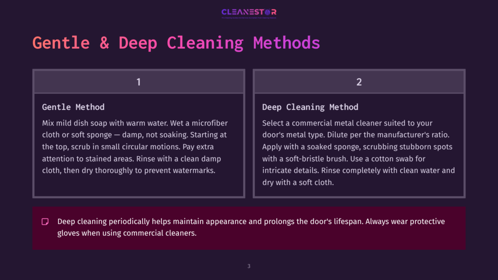 Infographic Detailing Gentle And Deep Cleaning Methods For Metal Doors. Section 1 Describes Gentle Cleaning With A Microfiber Cloth And Warm Water, While Section 2 Explains Deep Cleaning With A Soaked Sponge And Soft-Bristle Brush.