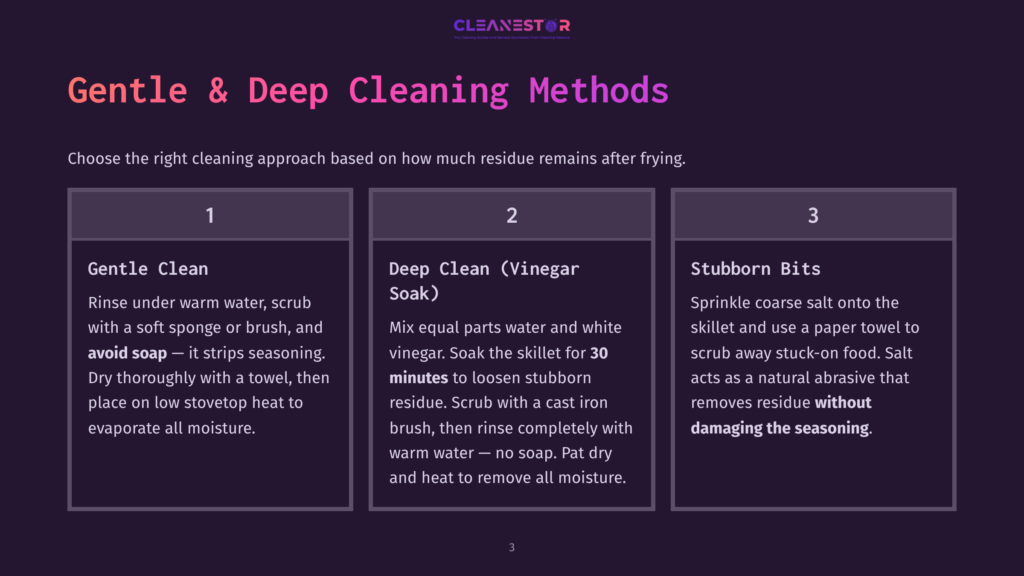 3 Gentle And Deep Cleaning Methods 2 Three Columns Detailing Cleaning Methods: Gentle Clean, Deep Clean (Vinegar Soak), And Stubborn Bits. Each Column Has A Title And Bulleted Instructions.