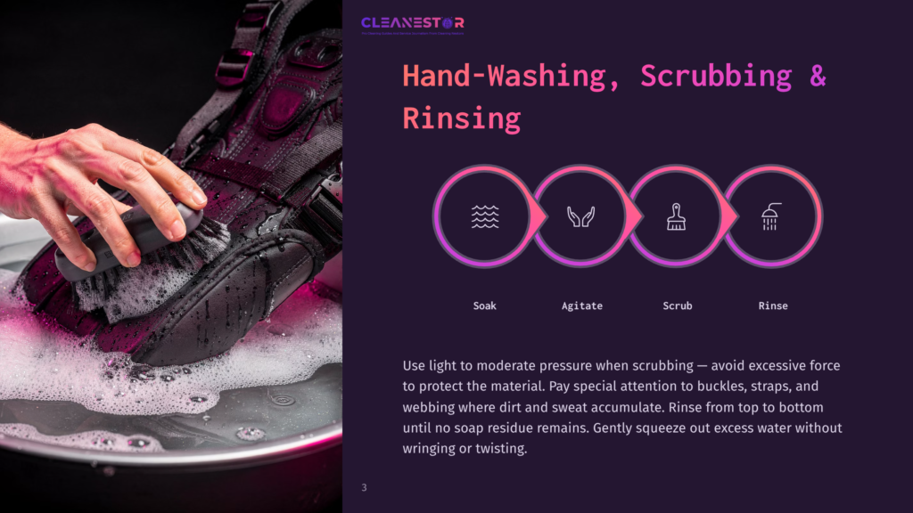 A Hand Scrubs A Black Boot With A Brush In Soapy Water, Part Of A Four-Step &Quot;Cleanestor&Quot; Guide: Soak, Agitate, Scrub, Rinse.
