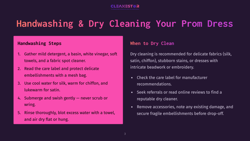 Infographic On Handwashing And Dry Cleaning Prom Dresses. Left Panel Lists Steps For Handwashing With Mild Detergent And Cool Water. Right Panel Gives Advice On Dry Cleaning Delicate Fabrics Like Silk And Chiffon.
