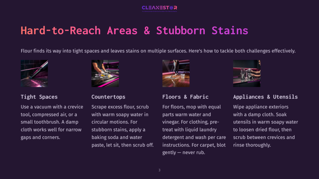 3 Hard To Reach Areas And Stubborn Stains Four Images Showing Cleaning Tips: Vacuuming Tight Spaces With A Crevice Tool, Scrubbing Countertops With A Sponge, Cleaning Floors With A Mop, And Washing Kitchen Appliances And Utensils With Soapy Water.