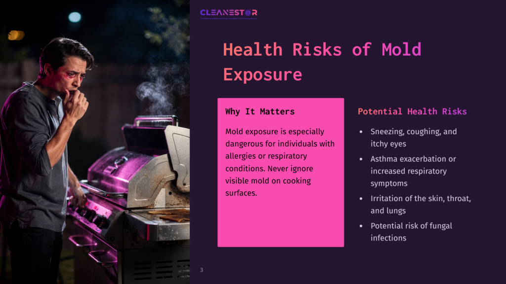 A Man Coughs While Standing Next To A Lit Grill, Smoke Rising Around Him. The Image Is Part Of A Presentation About &Quot;Health Risks Of Mold Exposure&Quot; And Includes Text About Mold Exposure Dangers And Potential Health Risks Like Sneezing And Asthma.