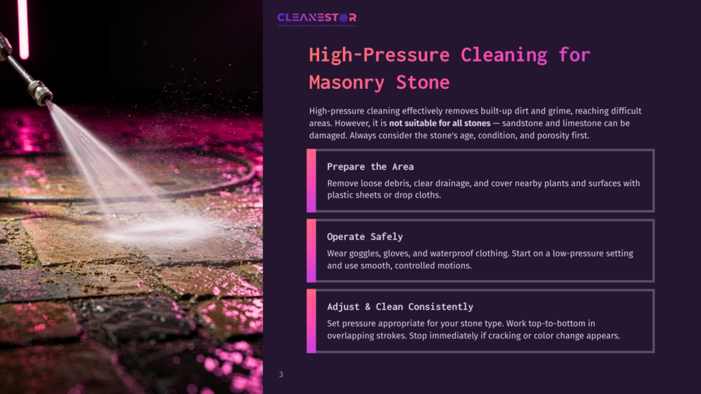 3 High Pressure Cleaning For Masonry Stone Close-Up Of A High-Pressure Washer Spraying Water Onto A Textured Stone Patio, Removing Dirt And Grime. The Text &Quot;Cleanestor High-Pressure Cleaning For Masonry Stone&Quot; Is Visible.