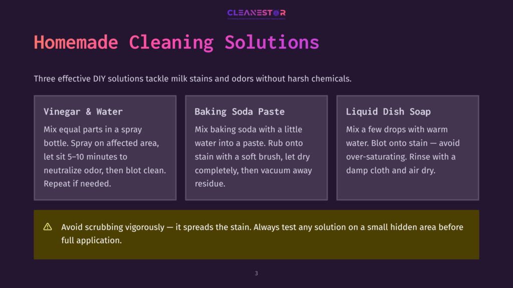 Three Homemade Cleaning Solutions For Milk Stains: Vinegar And Water Spray, Baking Soda Paste, And Liquid Dish Soap. Text Advises Against Vigorous Scrubbing. &Quot;Homemade Cleaning Solutions&Quot; Title Visible.