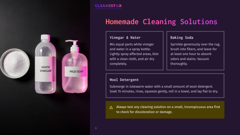 3 Homemade Cleaning Solutions Homemade Cleaning Solutions: White Vinegar And Mild Soap In Bottles Next To Baking Soda. Text Details Recipes For Vinegar And Water Spray, And Baking Soda For Absorbing Odors, Plus Wool Detergent Instructions.
