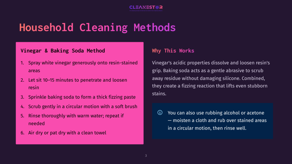 Household Cleaning Methods: Vinegar And Baking Soda For Cleaning, With Steps Including Spraying Vinegar, Letting It Sit, Sprinkling Baking Soda, Scrubbing, Rinsing, And Drying. Also Mentions Using Rubbing Alcohol And Acetone.