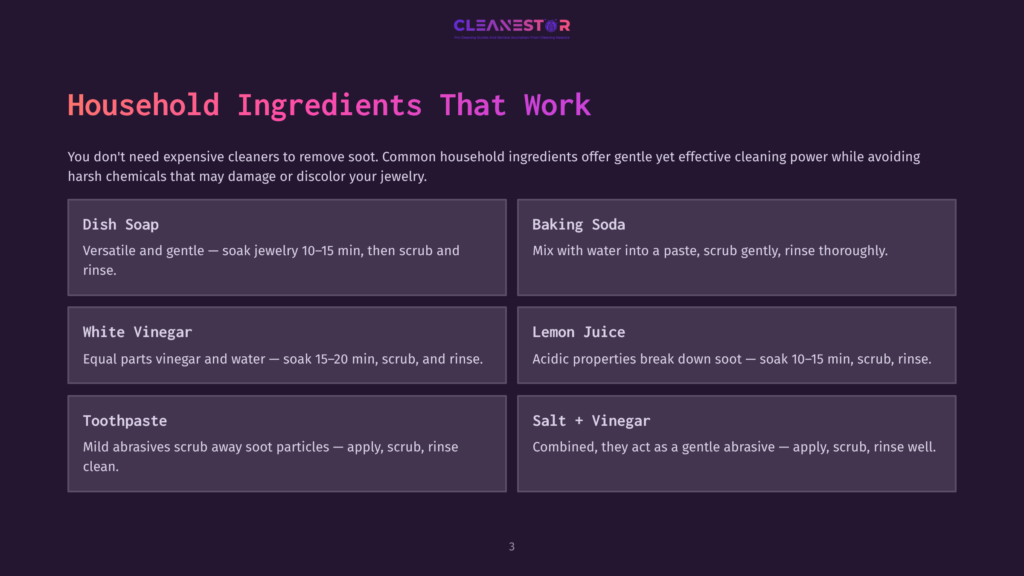 A Dark Purple Background With The Cleanestor Logo At The Top. Below The Logo, The Text &Quot;Household Ingredients That Work&Quot; Is Displayed In Large, Bold White And Pink Letters. The Rest Of The Slide Is Divided Into Six White Boxes, Each Detailing A Household Ingredient For Cleaning Jewelry: Dish Soap, Baking Soda, White Vinegar, Lemon Juice, Toothpaste, And Salt + Vinegar. Each Box Includes A Brief Description Of How To Use The Ingredient For Cleaning.