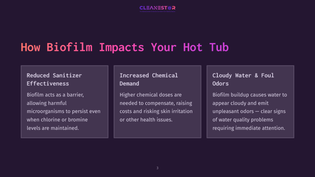Infographic Titled &Quot;How Biofilm Impacts Your Hot Tub,&Quot; Detailing Reduced Sanitizer Effectiveness, Increased Chemical Demand, And Cloudy Water/Foul Odors Caused By Biofilm Buildup.