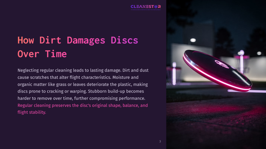 A Neon Pink Disc Golf Disc Glows On A Dark Wooden Surface, With A Disc Golf Basket And Stadium Lights Blurred In The Background. Text Reads &Quot;Cleanestor&Quot; And &Quot;How Dirt Damages Discs Over Time&Quot;.