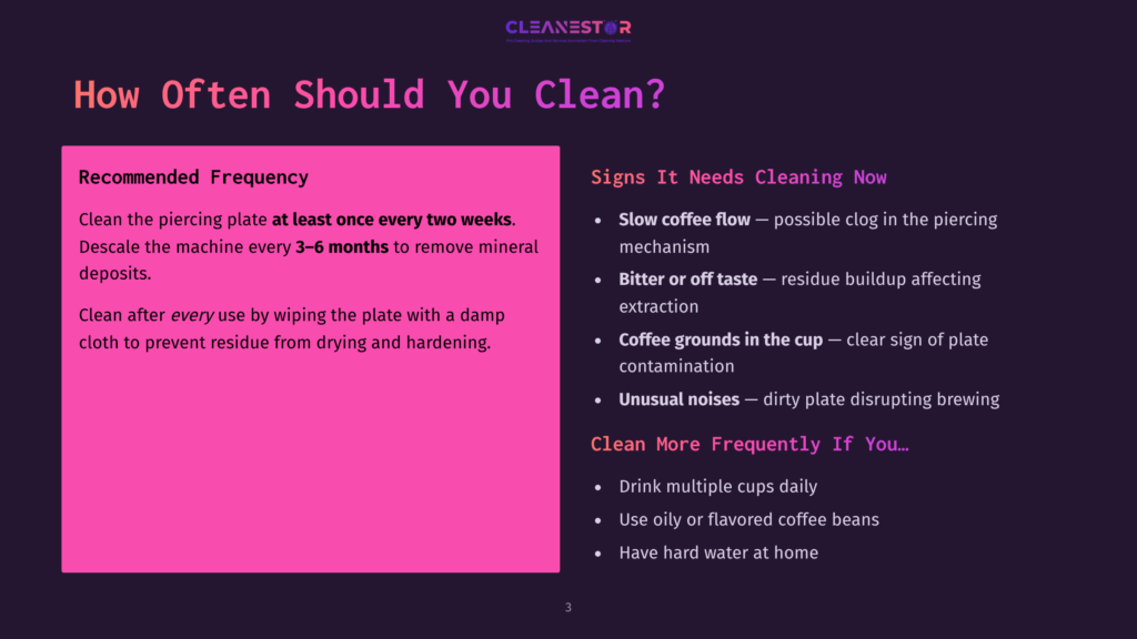 3 How Often Should You Clean 1 A Slide Titled &Quot;How Often Should You Clean?&Quot; Lists Recommended Cleaning Frequencies And Signs That A Coffee Machine Needs Cleaning, Including &Quot;Slow Coffee Flow&Quot; And &Quot;Coffee Grounds In The Cup.