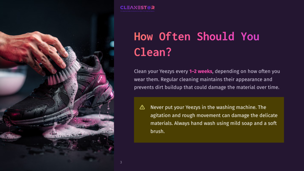 3 How Often Should You Clean 2 Hands Scrub A Black Yeezy Sneaker With A Brush And Soap Suds, Illustrating How Often To Clean Yeezys.