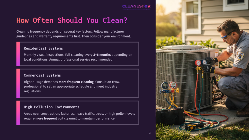 3 How Often Should You Clean 4 A Hvac Technician In Safety Glasses And Work Clothes Inspects An Outdoor Air Conditioning Unit, With Tools And Hoses Connected To It. The Image Includes Text About Cleaning Frequency For Residential And Commercial Systems.