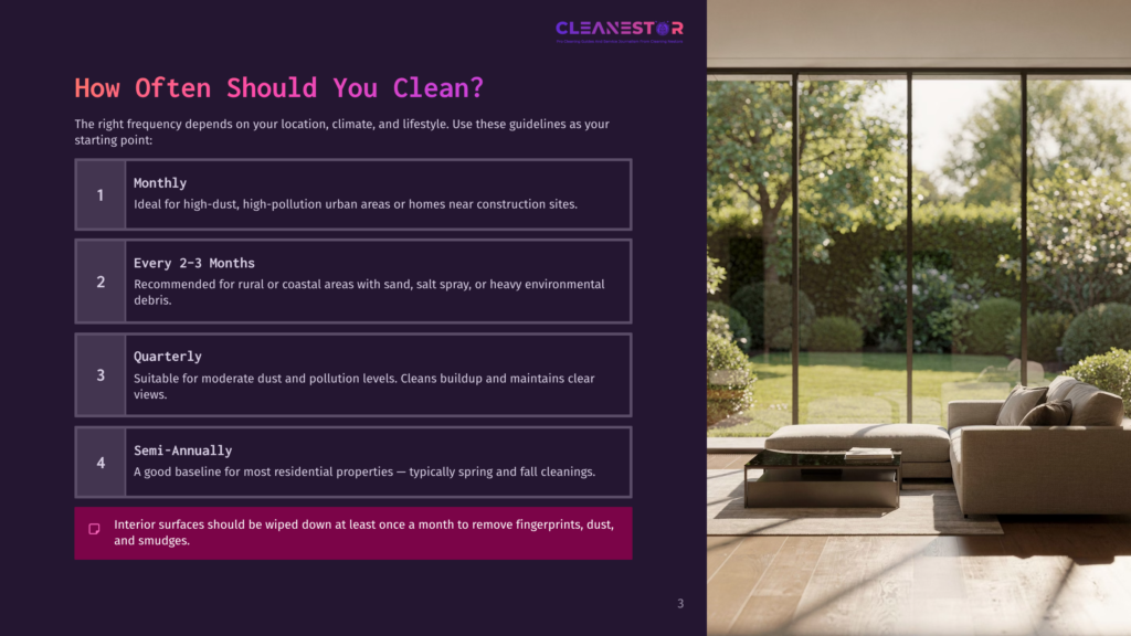 Cleanestor Cleaning Frequency Guide: Monthly For High-Dust Areas, Every 2-3 Months For Coastal Areas, Quarterly For Moderate Dust, Semi-Annually For Most Residential Properties, And Monthly Interior Surface Wiping.