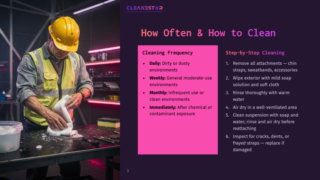 3 How Often And How To Clean A Construction Worker In A Yellow Hard Hat Cleans A Tool With A White Cloth, With A Pink And Purple Infographic About Cleaning Frequency And Steps In The Background. Text Includes &Quot;Cleanestor&Quot; And &Quot;How Often &Amp; How To Clean&Quot;.