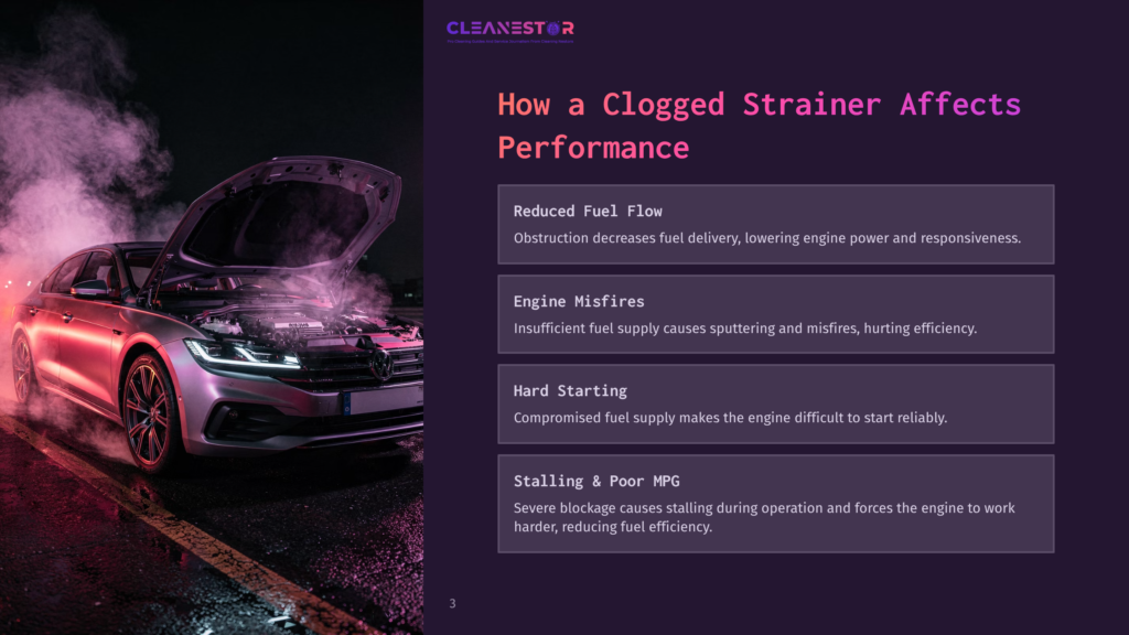 A Car With Its Hood Up, Emitting Steam And Smoke, Sits On A Wet Road At Night, With &Quot;Cleanestor&Quot; Text Visible On The Slide.