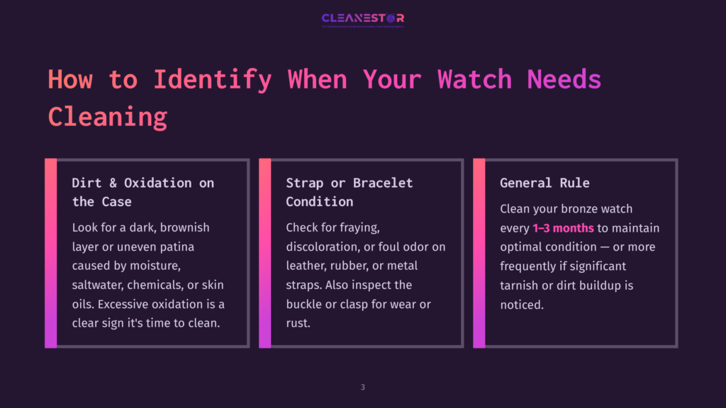 Infographic Titled &Quot;How To Identify When Your Watch Needs Cleaning,&Quot; Detailing Dirt/Oxidation, Strap Condition, And General Cleaning Rules For Watch Maintenance.