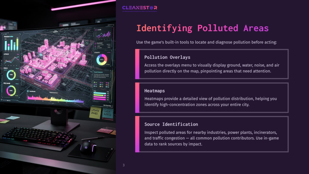 3 Identifying Polluted Areas A Futuristic Computer Monitor Displays A 3D Map Of A City With Glowing Pink Pollution Overlays. The Screen Also Shows Charts And Graphs Labeled &Quot;Pm2.5,&Quot; &Quot;No2 Levels,&Quot; And &Quot;Temperature,&Quot; With Text &Quot;Cleanestor: Identifying Polluted Areas.