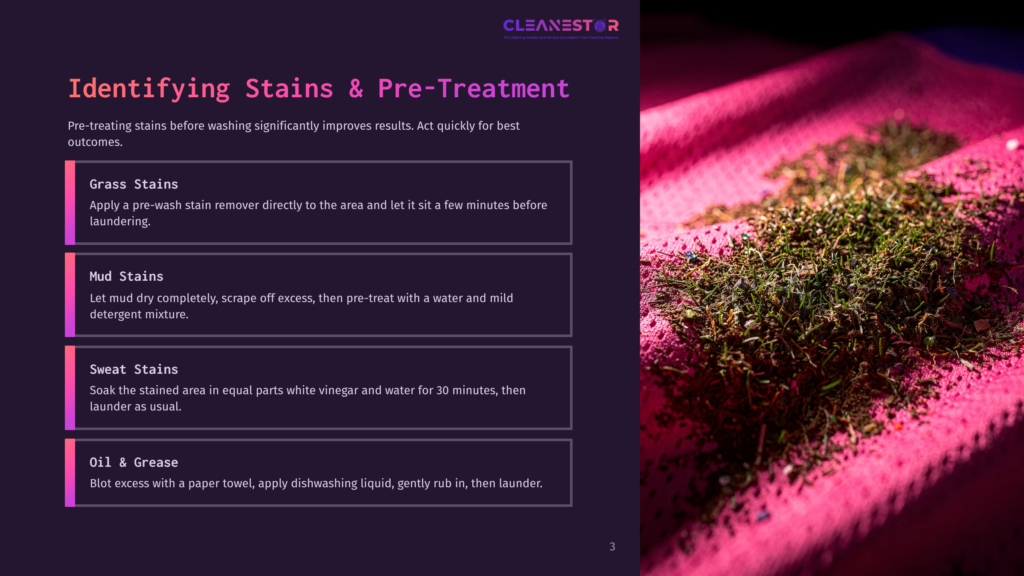 Close-Up Of Grass Stains On A Pink Fabric With A Textured Surface, Illustrating Pre-Treatment For Laundry.