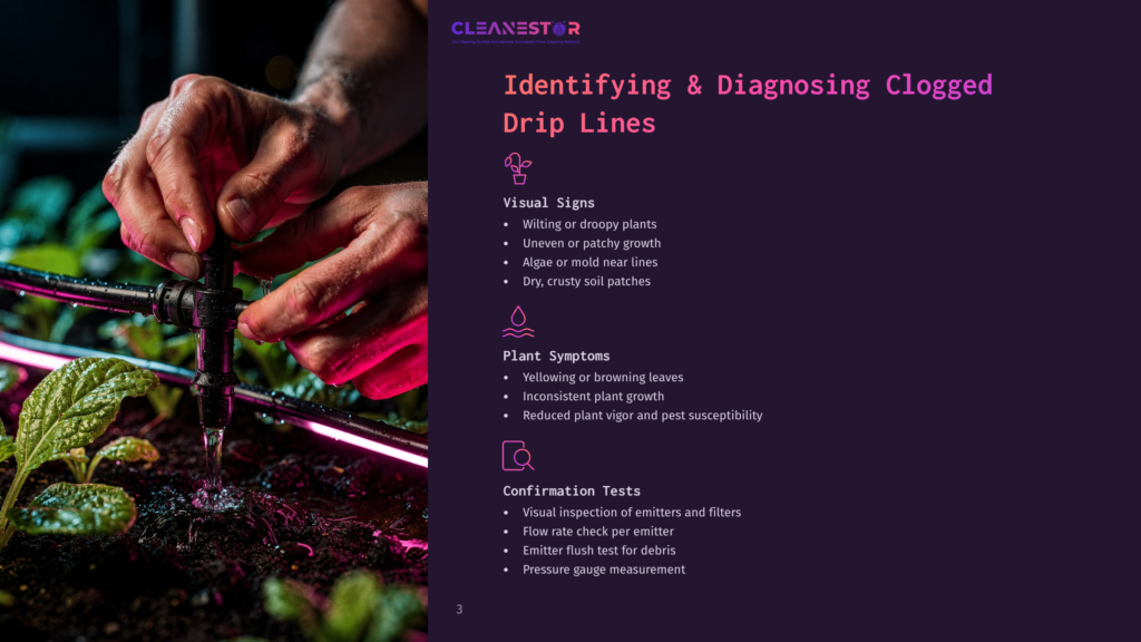 Close-Up Of Hands Adjusting A Drip Irrigation Emitter, With Water Flowing Onto Young Plants Under Grow Lights. Text Overlay: &Quot;Cleanestor Identifying &Amp; Diagnosing Clogged Drip Lines&Quot;.