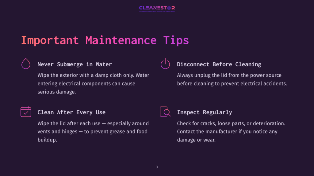 Important Maintenance Tips For A Cleanestor Appliance: Never Submerge In Water, Disconnect Before Cleaning, Clean After Every Use, And Inspect Regularly. The Text Is Displayed On A Dark Purple Background With Subtle Glowing Lines.