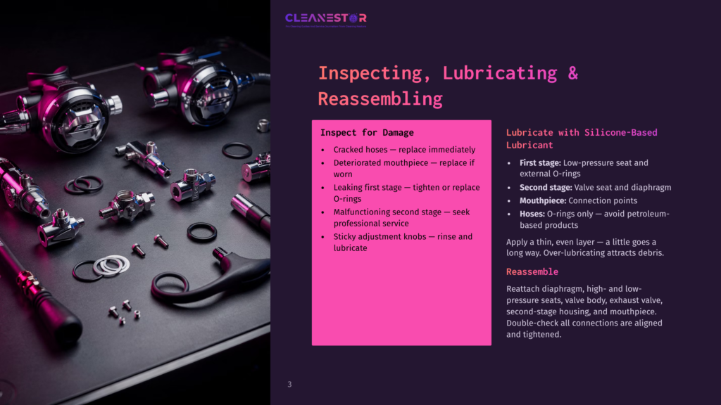 Cleanestor Diagram Showing How To Inspect, Lubricate, And Reassemble Scuba Diving Equipment, Including Regulators And Hoses.