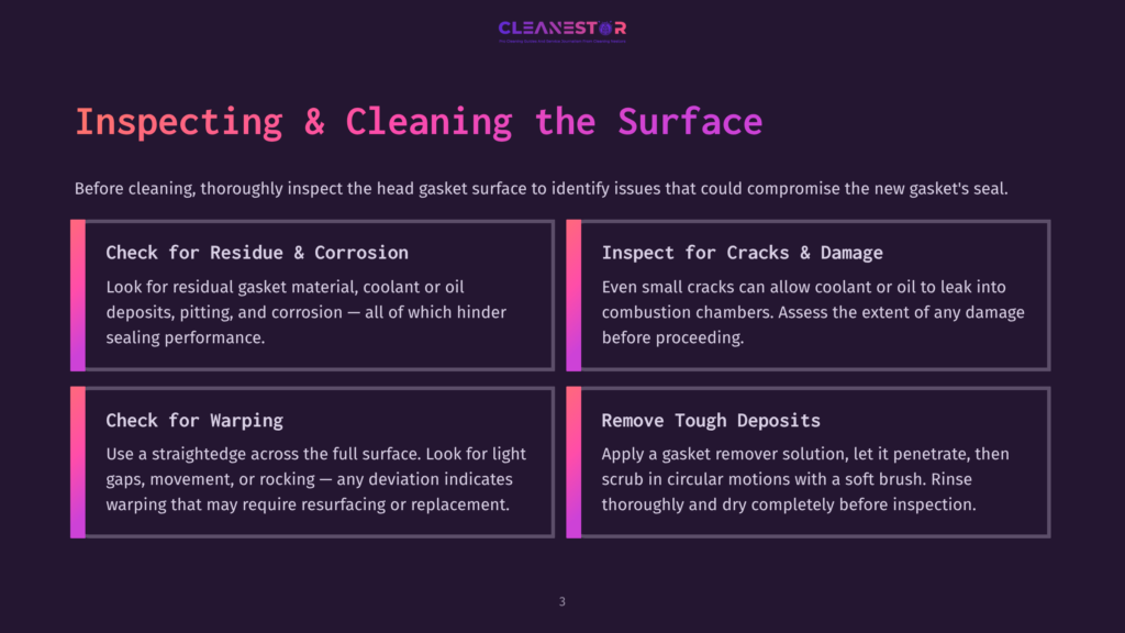A Graphic Titled &Quot;Inspecting &Amp; Cleaning The Surface&Quot; Outlines Four Key Steps For Head Gasket Inspection: Checking For Residue &Amp; Corrosion, Inspecting For Cracks &Amp; Damage, Checking For Warping, And Removing Tough Deposits. The Background Is A Dark Purple Gradient.