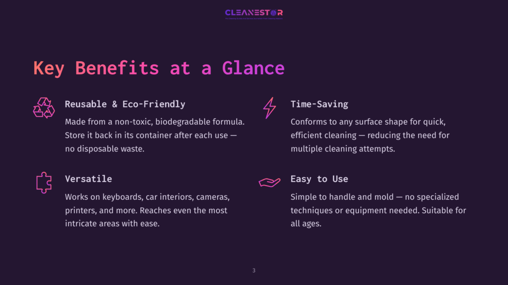 3 Key Benefits At A Glance Cleanestor Logo At The Top, With &Quot;Key Benefits At A Glance&Quot; Title. Below Are Four Benefit Sections With Icons: &Quot;Reusable &Amp; Eco-Friendly&Quot;, &Quot;Time-Saving&Quot;, &Quot;Versatile&Quot;, And &Quot;Easy To Use&Quot;.