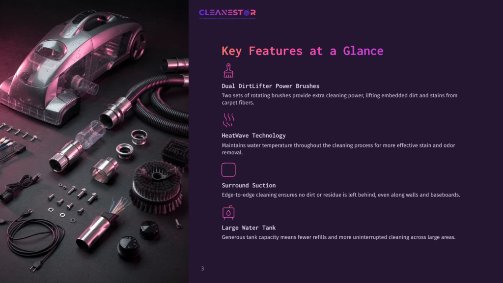Cleanestor Dual Dirtlifter Powerbrush Carpet Cleaner Features Heatwave Technology, Surround Suction, And A Large Water Tank, Shown With Its Accessories.