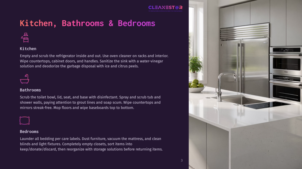 3 Kitchen Bathrooms And Bedrooms A Modern, Minimalist Kitchen Features A Sleek Stainless Steel Refrigerator And Double Oven, With A Polished Countertop And Sink. The Image Also Displays Text Detailing Cleaning Tasks For Kitchens, Bathrooms, And Bedrooms.