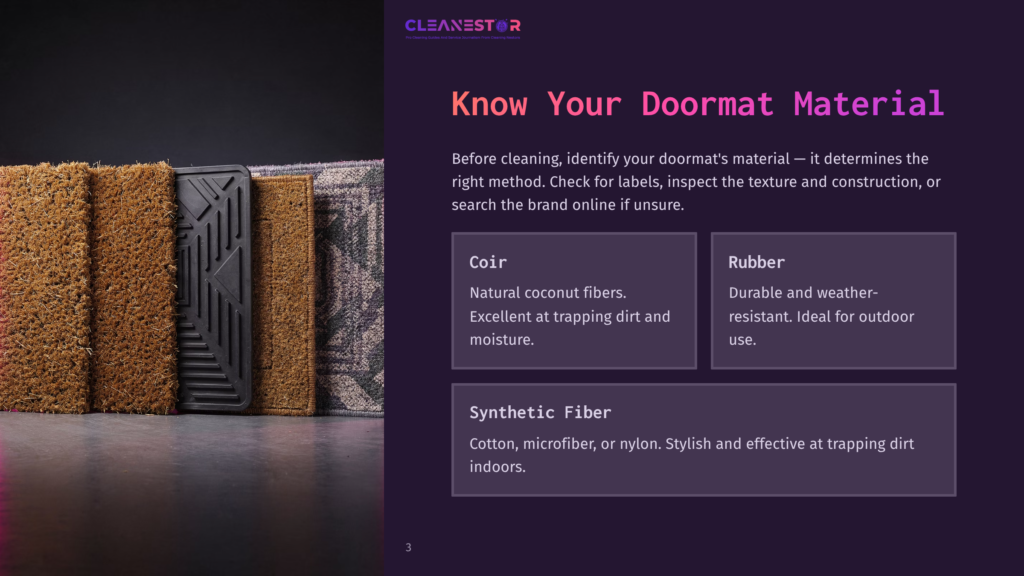 3 Know Your Doormat Material Cleanestor Logo And Text &Quot;Know Your Doormat Material&Quot; Above A Display Of Doormat Materials: Coir, Rubber, And Synthetic Fiber, With Descriptive Text For Each.