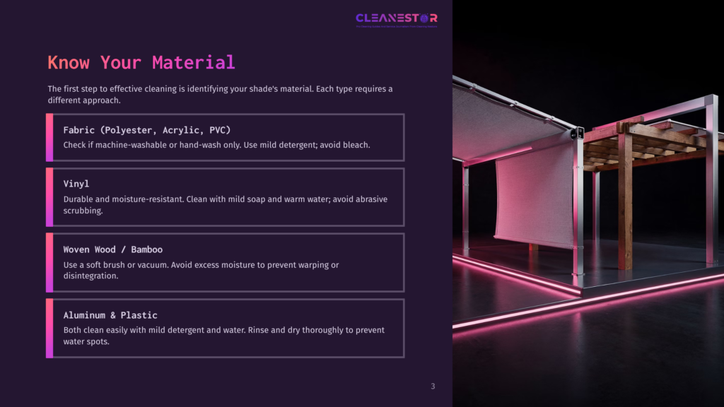 3 Know Your Material Cleanestor Logo At The Top Of A Dark Background With Text About Cleaning Shade Materials: Fabric (Polyester, Acrylic, Pvc), Vinyl, Woven Wood / Bamboo, And Aluminum &Amp; Plastic. The Background Image Shows A Modern Outdoor Patio With A Retractable Awning.