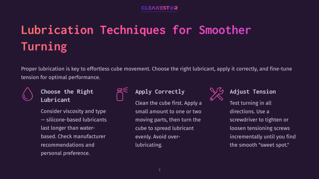 Lubrication Techniques For Smoother Turning: Choose The Right Lubricant, Apply Correctly, And Adjust Tension. Text On A Dark Purple Background With Pink Accents.