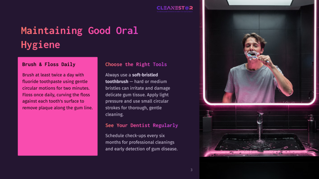 Man Brushing Teeth With Toothpaste, Reflecting In A Modern Bathroom Mirror With Pink Neon Lights. Text Overlay Reads &Quot;Cleanestor&Quot; And &Quot;Maintaining Good Oral Hygiene&Quot;.