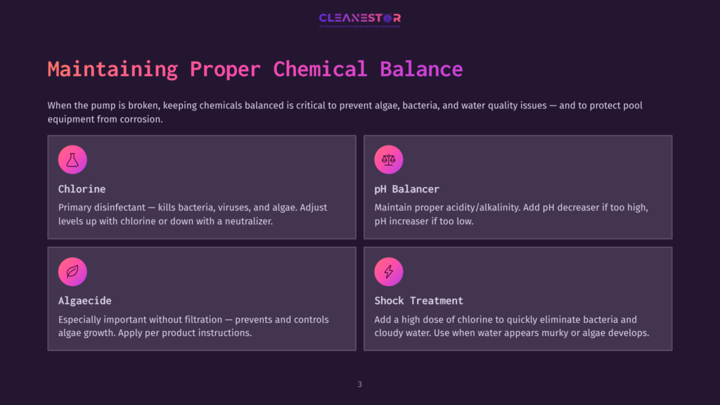 Infographic Titled &Quot;Maintaining Proper Chemical Balance&Quot; For Pool Care, Detailing Chlorine, Ph Balancer, Algaecide, And Shock Treatment With Icons And Descriptions.