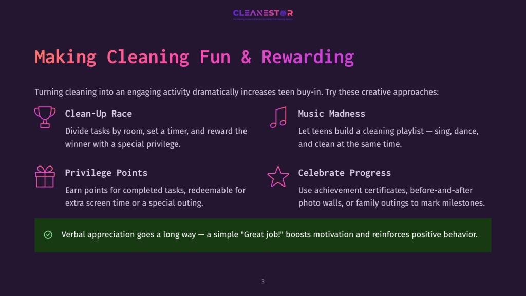 A Graphic With The Cleanestor Logo And The Title &Quot;Making Cleaning Fun &Amp; Rewarding.&Quot; It Outlines Four Creative Approaches: Clean-Up Race, Music Madness, Privilege Points, And Celebrate Progress, With Icons And Brief Descriptions.