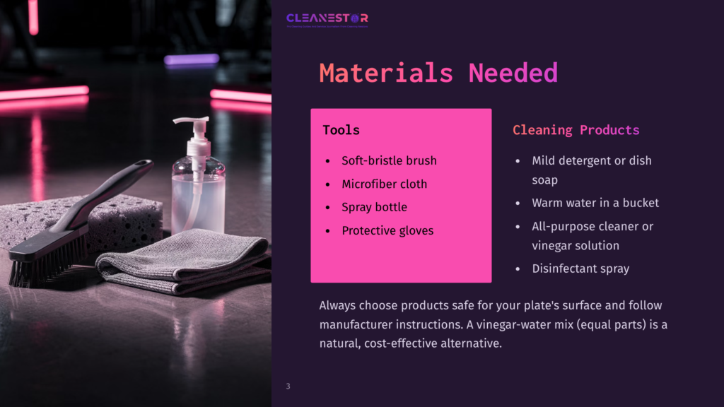 Cleanestor Logo And Text On A Dark Background With &Quot;Materials Needed&Quot; And Lists Of Tools And Cleaning Products, Including Soft-Bristle Brush, Microfiber Cloth, Spray Bottle, Gloves, Mild Detergent, Warm Water, All-Purpose Cleaner, And Disinfectant Spray.