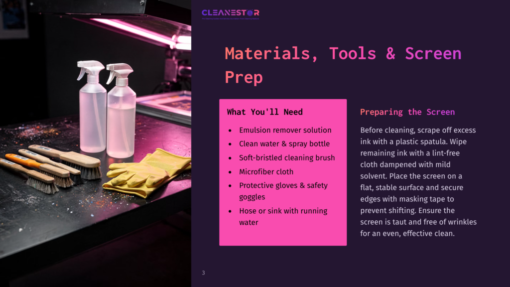 Materials For Screen Cleaning: Spray Bottles, Gloves, Brushes, Microfiber Cloth, And Protective Gear. Text Lists &Quot;Emulsion Remover Solution,&Quot; &Quot;Clean Water &Amp; Spray Bottle,&Quot; &Quot;Soft-Bristled Cleaning Brush,&Quot; &Quot;Microfiber Cloth,&Quot; &Quot;Protective Gloves &Amp; Safety Goggles,&Quot; And &Quot;Hose Or Sink With Running Water.