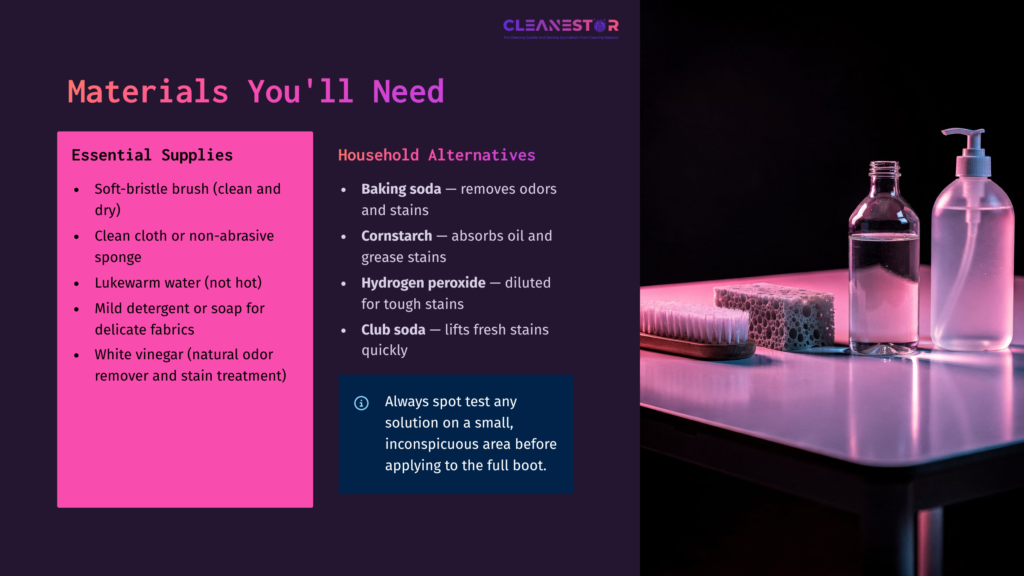 Cleanestor Graphic Listing Cleaning Materials And Household Alternatives, Including A Soft-Bristle Brush, Sponges, And Cleaning Solutions In Bottles.