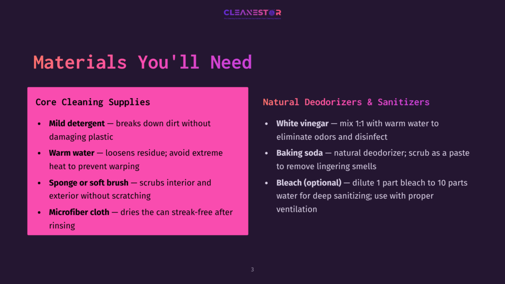 A Presentation Slide Titled &Quot;Materials You'Ll Need&Quot; Lists Core Cleaning Supplies Like Mild Detergent, Warm Water, A Soft Brush, And Microfiber Cloth, Alongside Natural Deodorizers And Sanitizers Such As White Vinegar And Baking Soda.