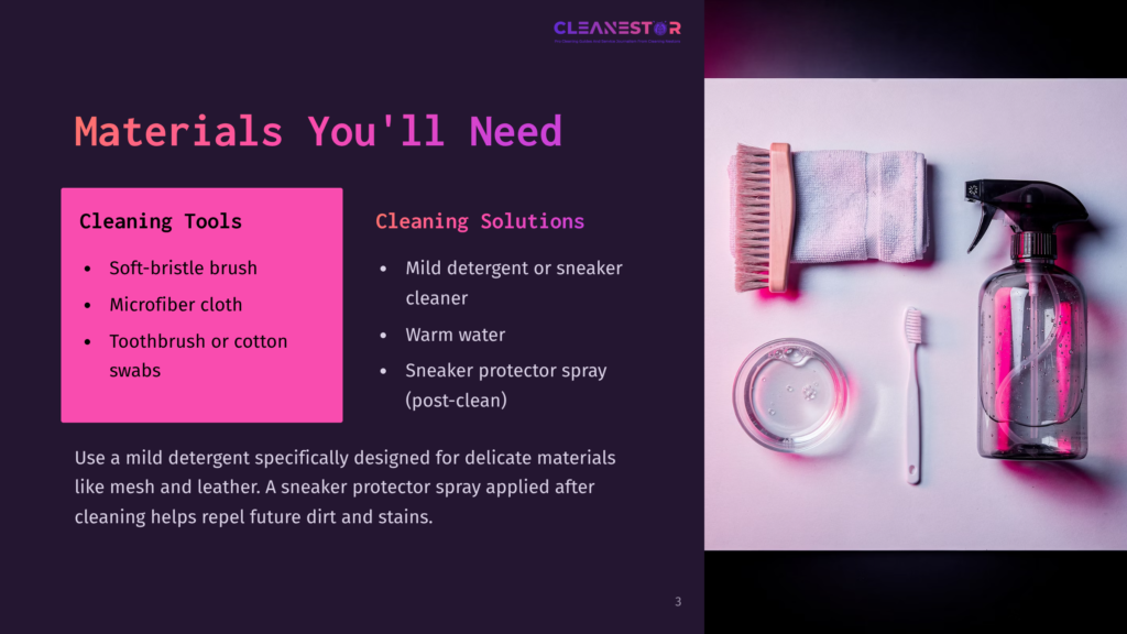 3 Materials Youll Need 11 A Collection Of Sneaker Cleaning Supplies Including A Soft-Bristle Brush, Microfiber Cloth, Cotton Swabs, A Spray Bottle, And A Bowl Of Cleaning Solution, Arranged On A Dark Background.